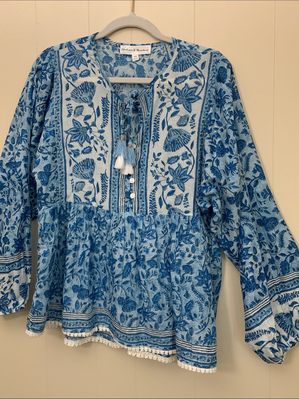 Chelsea & Theodore Blue &White Floral Embroidered Peasant Blouse
